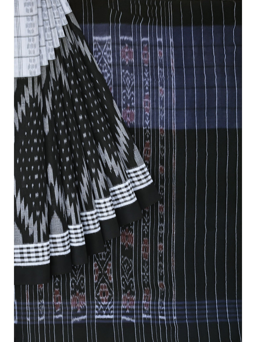 Black and White half half body coloured Odisha Ikat saree with cotton ikat blouse piece