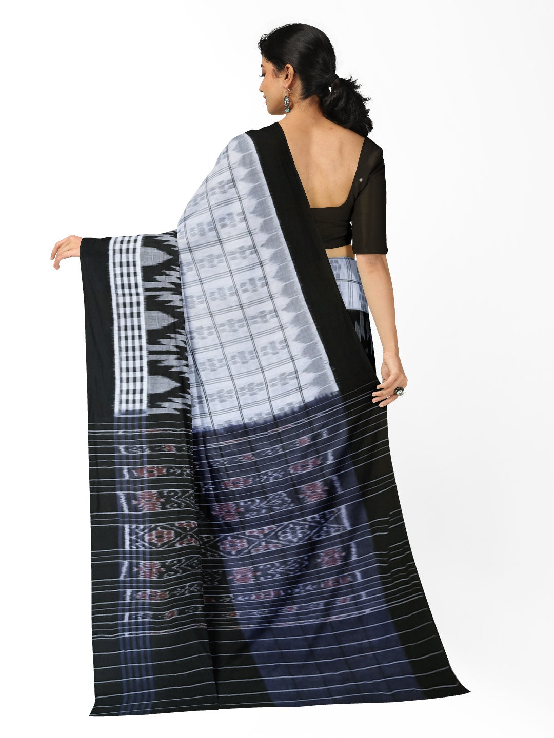 Black and White half half body coloured Odisha Ikat saree with cotton ikat blouse piece