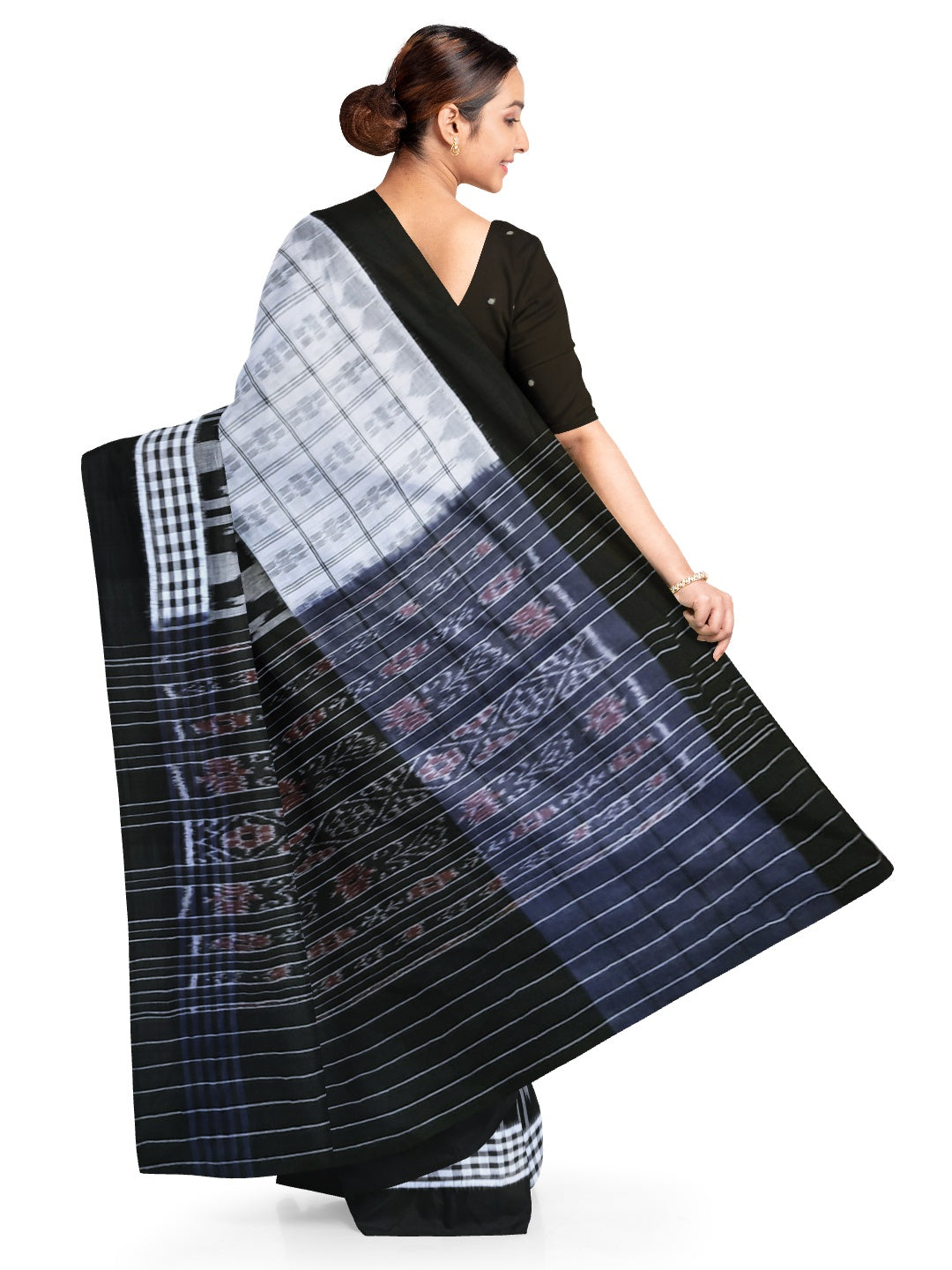 Black and White half half body coloured Odisha Ikat saree with cotton ikat blouse piece