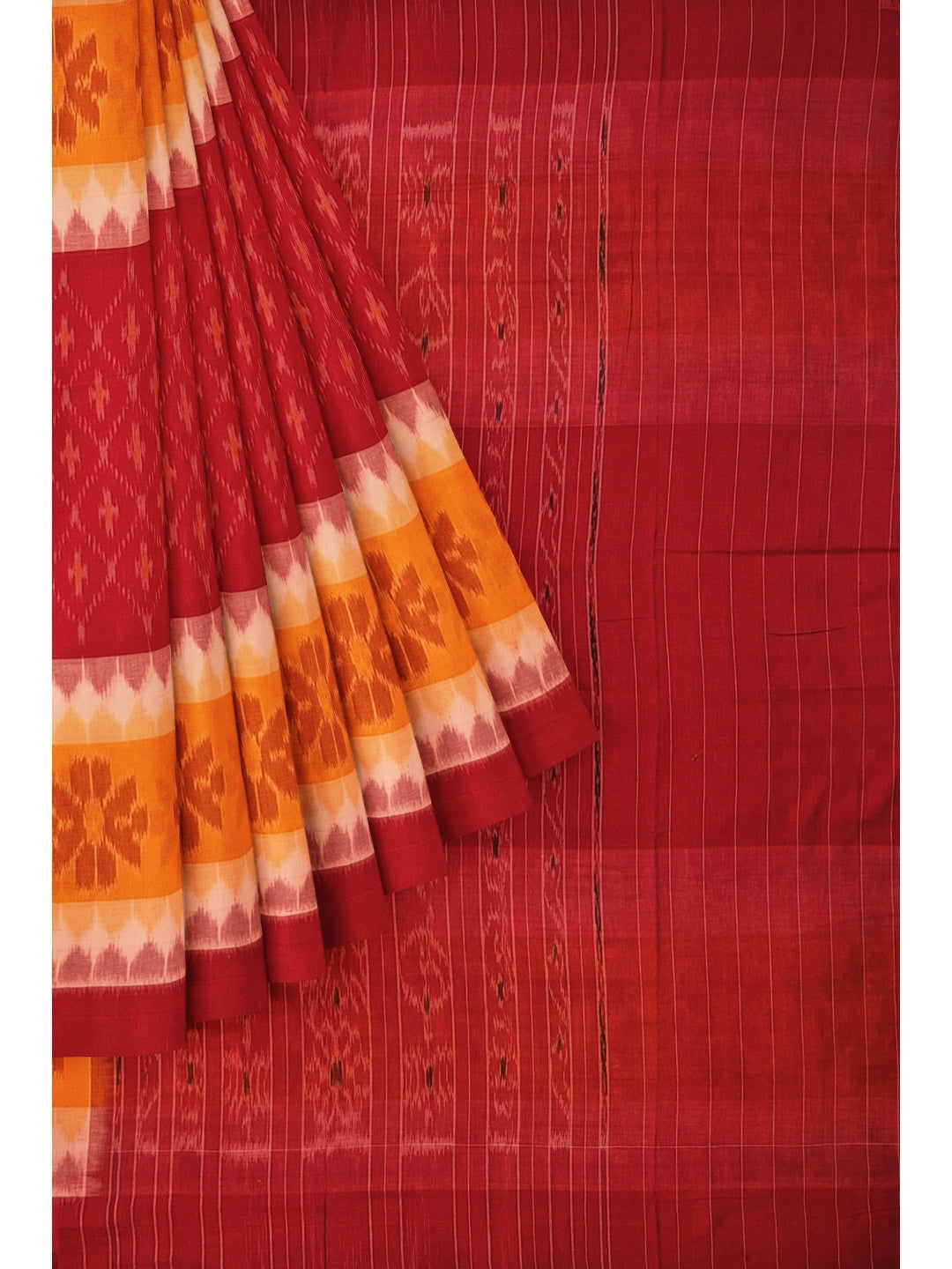 Red Yellow Cotton Odisha Ikat saree with mix match cotton ikat blouse