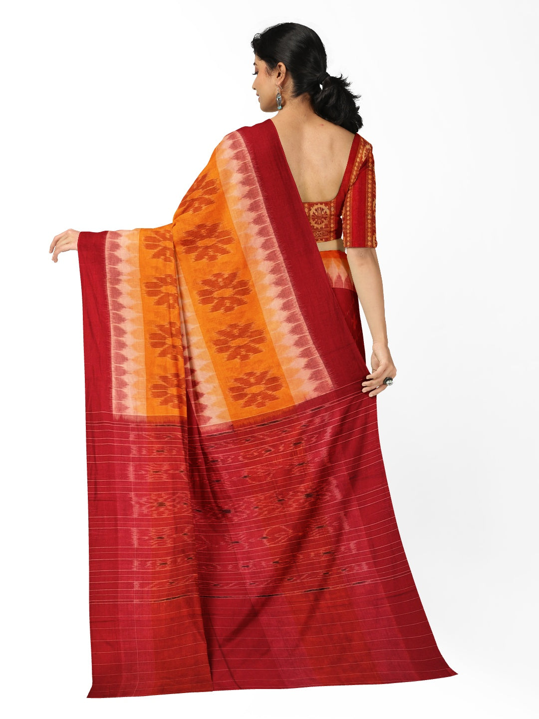 Red Yellow Cotton Odisha Ikat saree with mix match cotton ikat blouse
