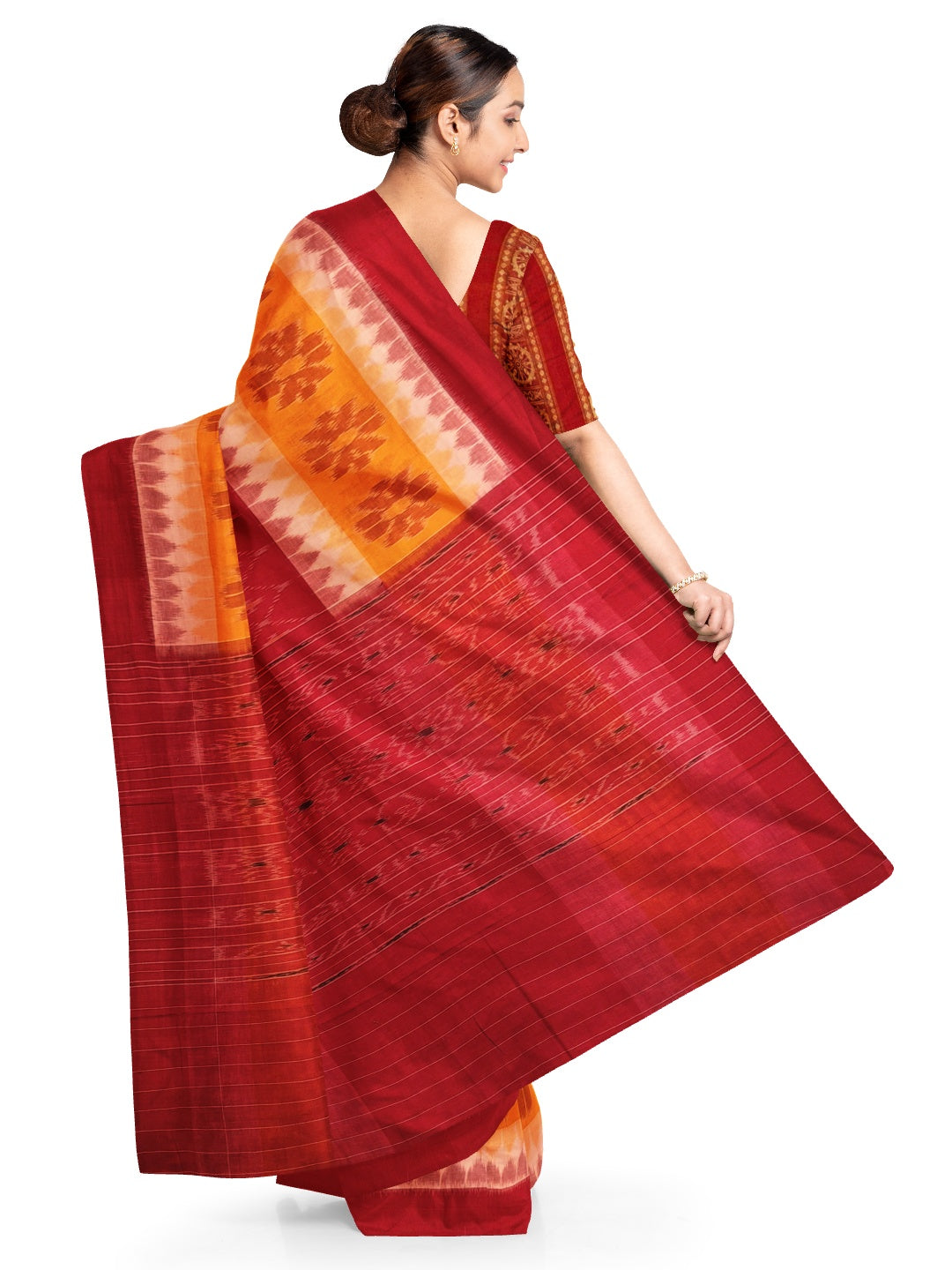 Red Yellow Cotton Odisha Ikat saree with mix match cotton ikat blouse