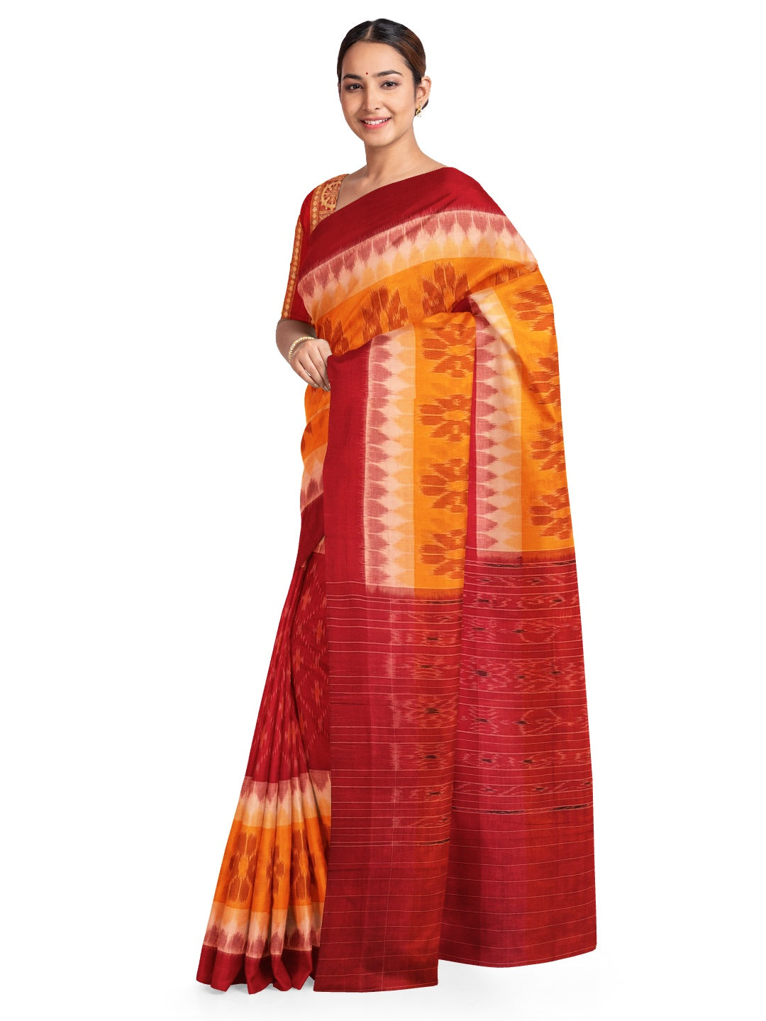 Red Yellow Cotton Odisha Ikat saree with mix match cotton ikat blouse