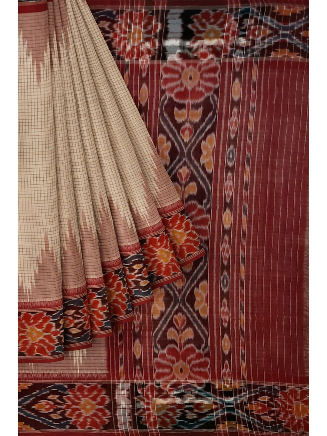 Beige checkered body Cotton Odisha Ikat saree with mix match cotton ikat blouse