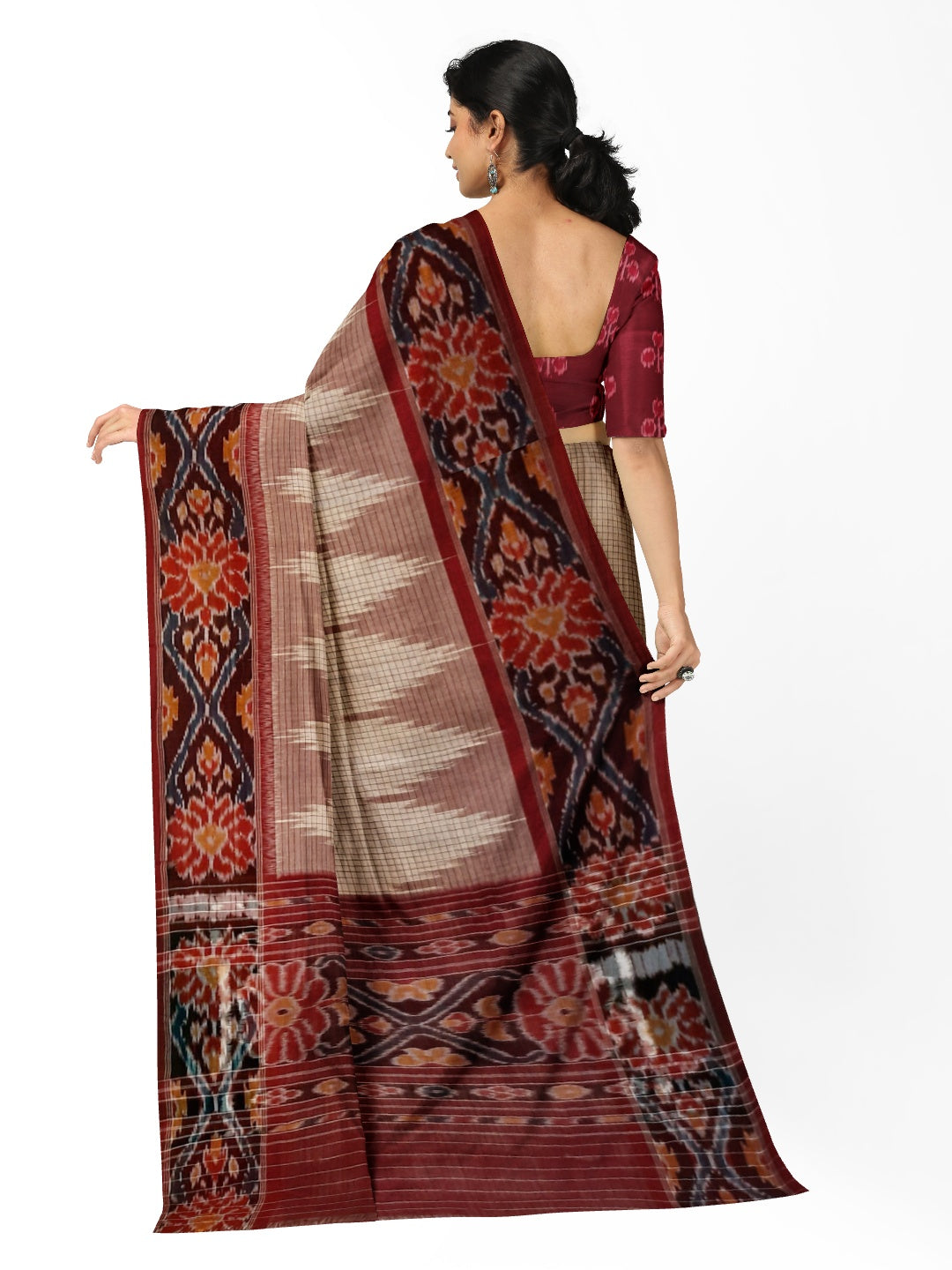 Beige checkered body Cotton Odisha Ikat saree with mix match cotton ikat blouse