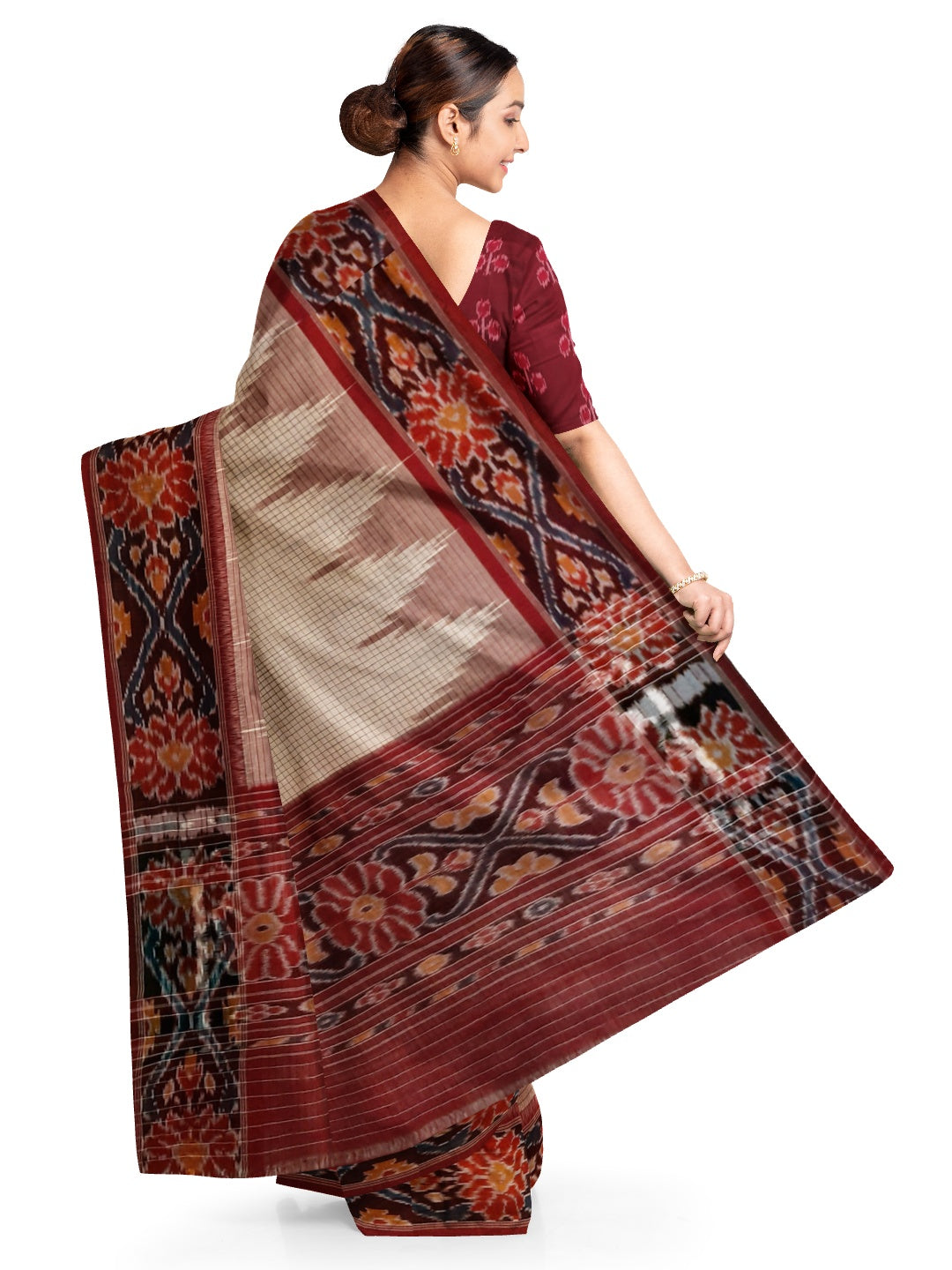 Beige checkered body Cotton Odisha Ikat saree with mix match cotton ikat blouse