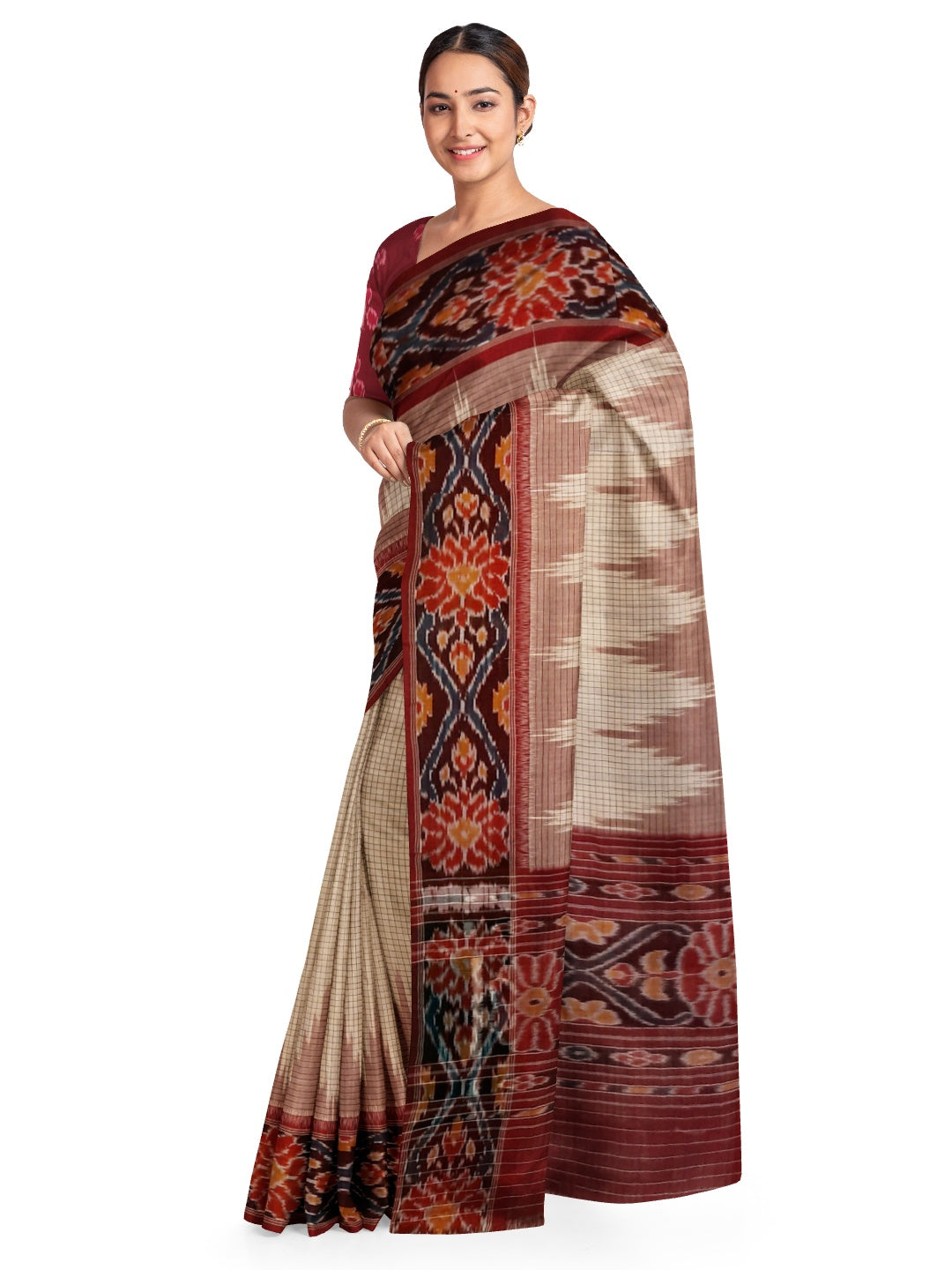 Beige checkered body Cotton Odisha Ikat saree with mix match cotton ikat blouse