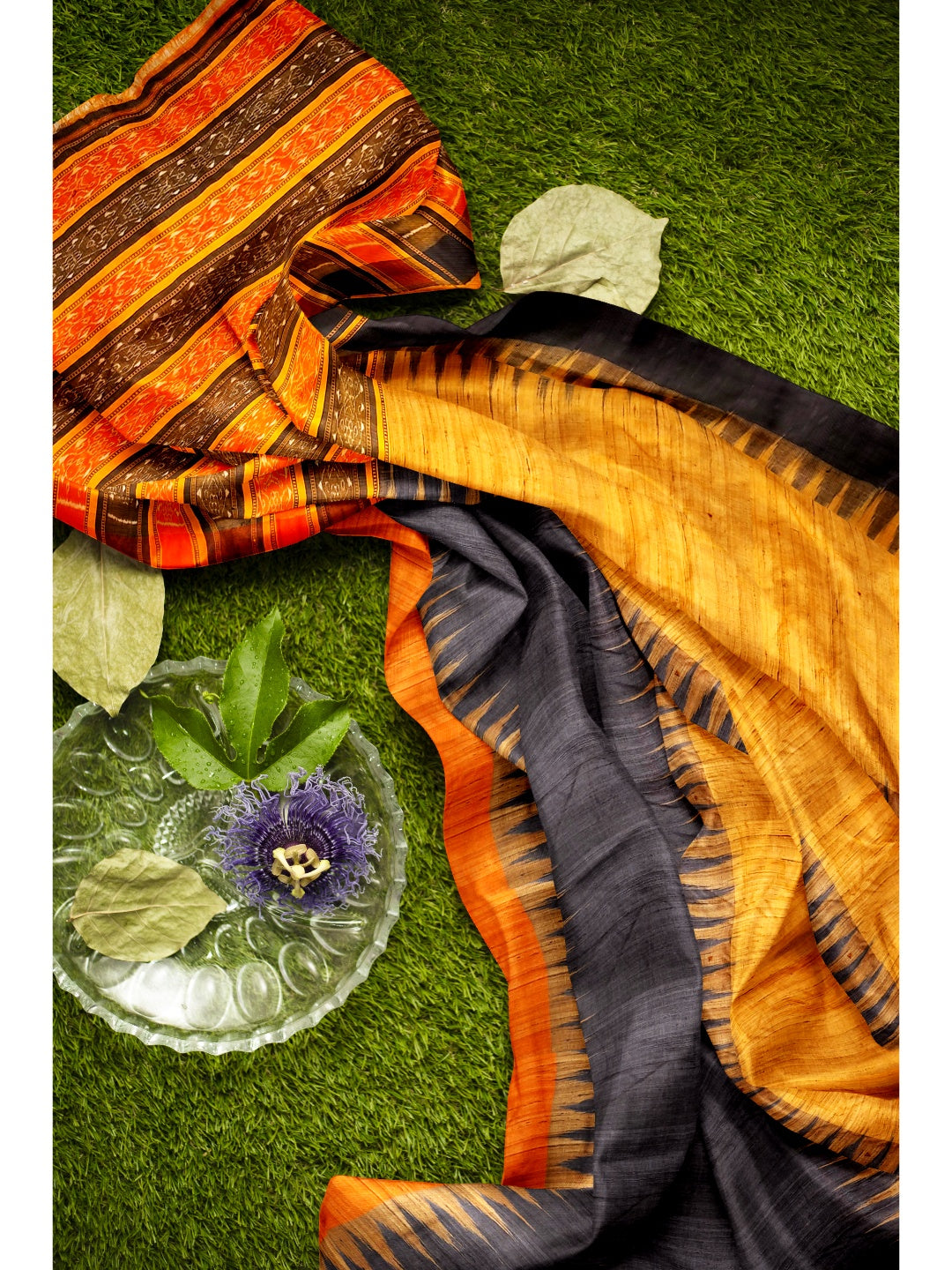 Golden Black half half Tussar Silk Sambalpuri Saree with Ganga Jamuna Border and running blouse piece