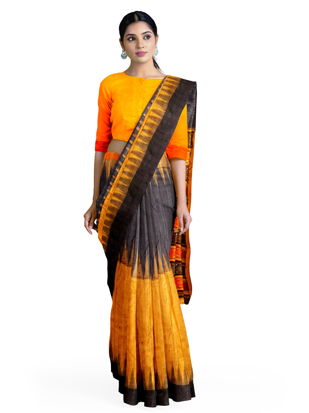 Golden Black half half Tussar Silk Sambalpuri Saree with Ganga Jamuna Border and running blouse piece