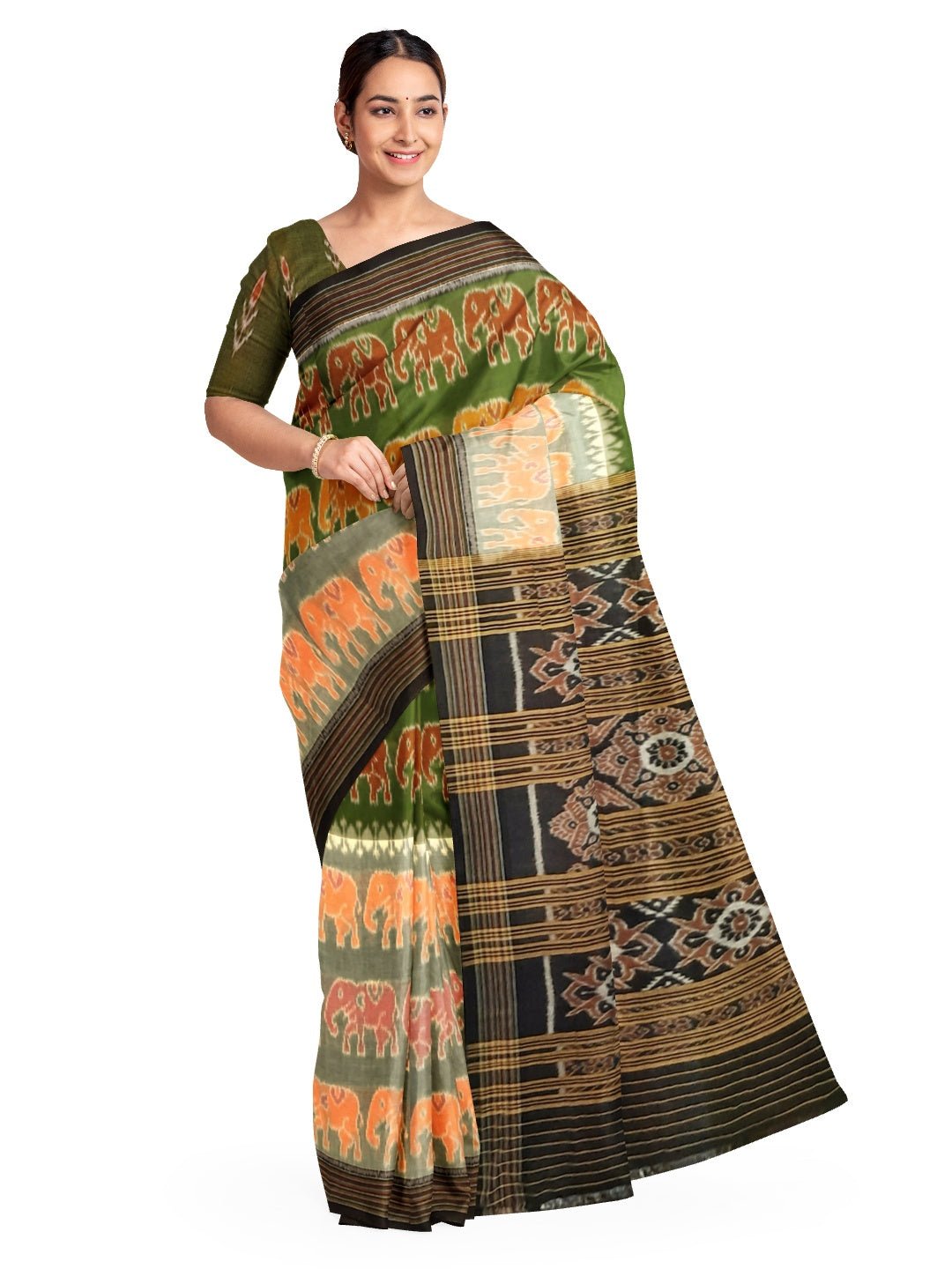 Green Cotton Odisha Ikat saree with cotton Sambalpuri ikat blouse piece