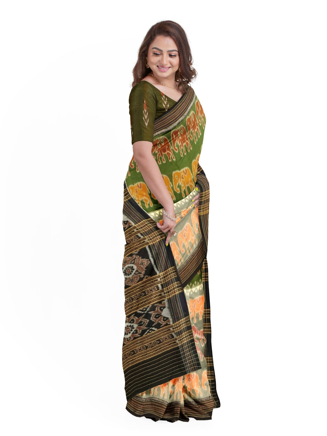 Green Cotton Odisha Ikat saree with cotton Sambalpuri ikat blouse piece