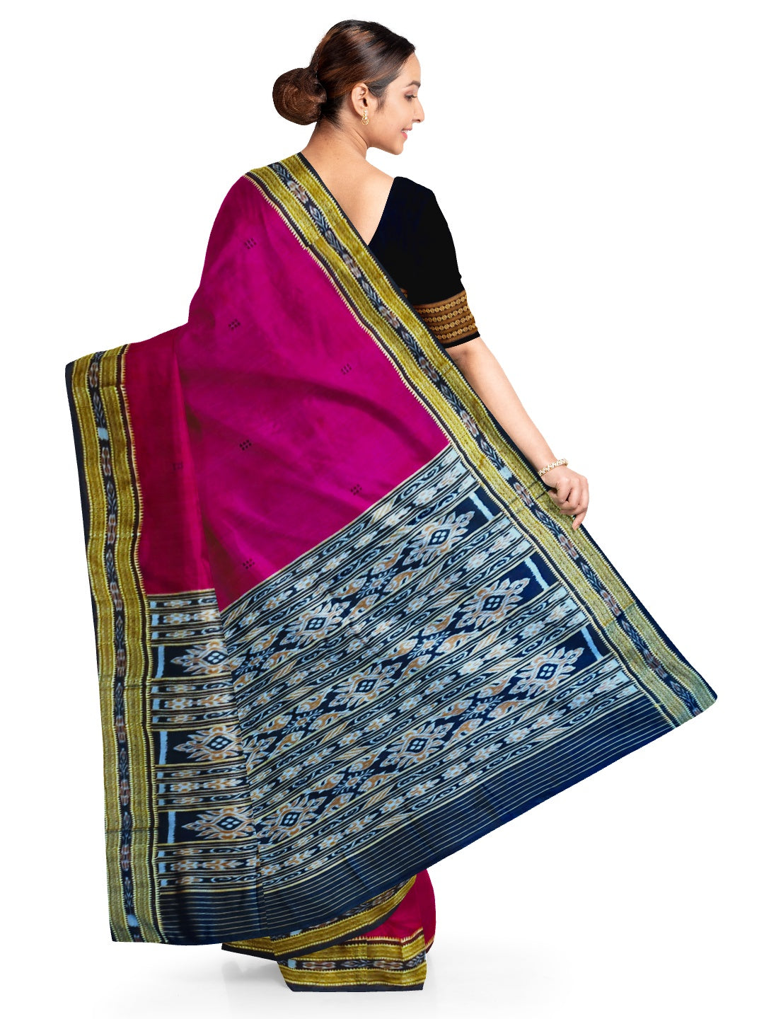 Magenta with Black Odisha Khandua Silk Saree with Black Mulberry silk blouse piece