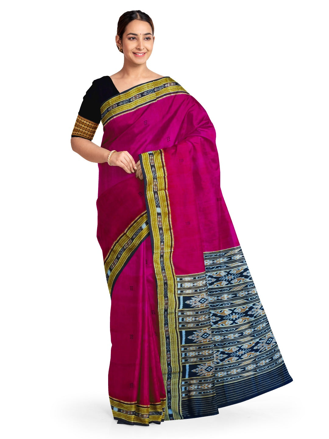 Magenta with Black Odisha Khandua Silk Saree with Black Mulberry silk blouse piece