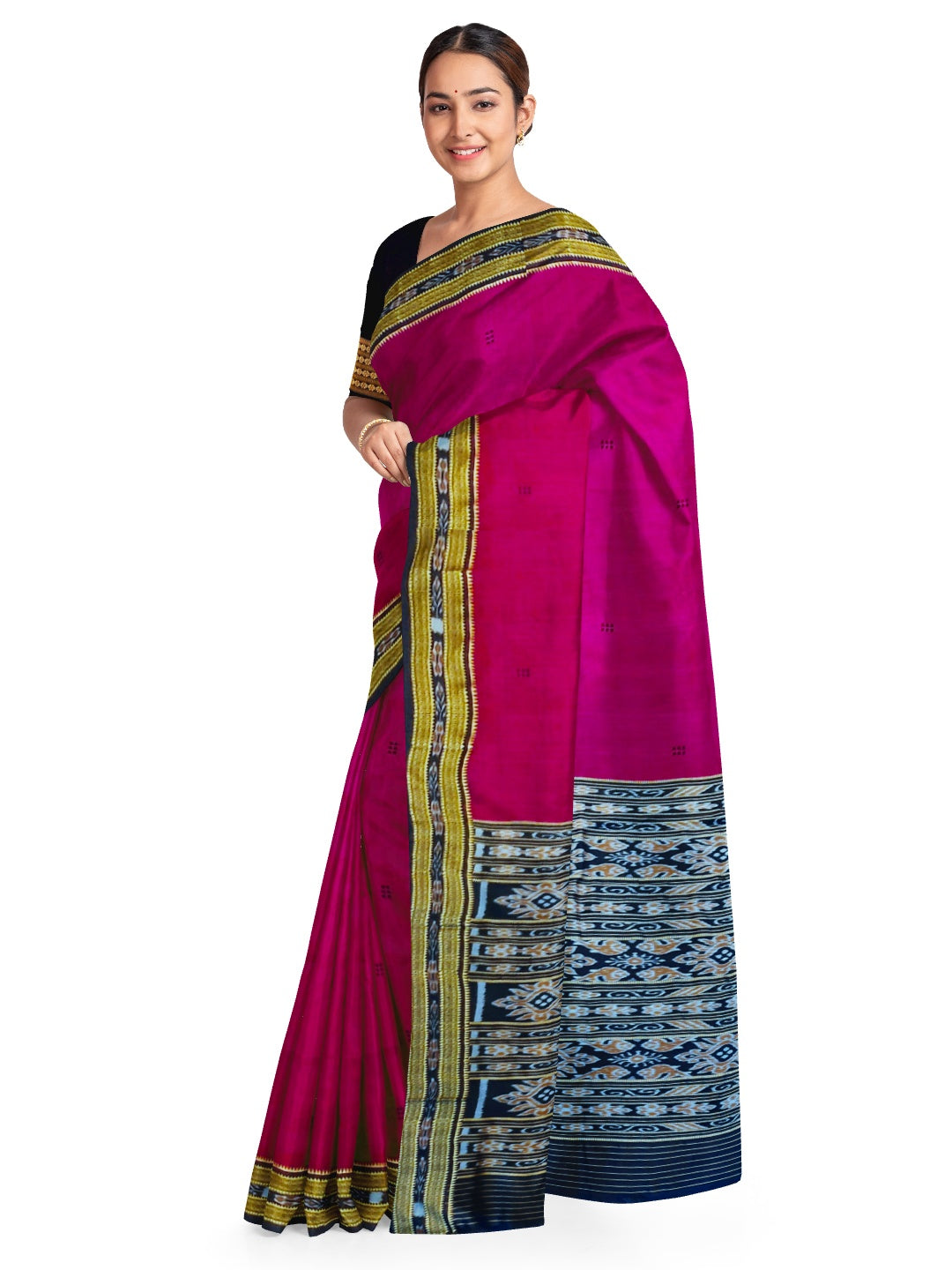 Magenta with Black Odisha Khandua Silk Saree with Black Mulberry silk blouse piece