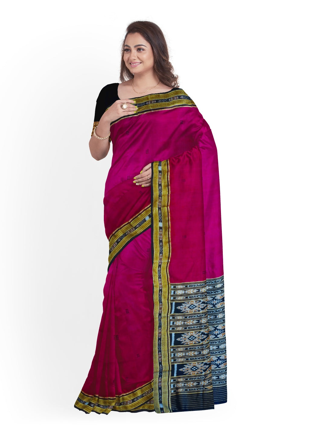 Magenta with Black Odisha Khandua Silk Saree with Black Mulberry silk blouse piece