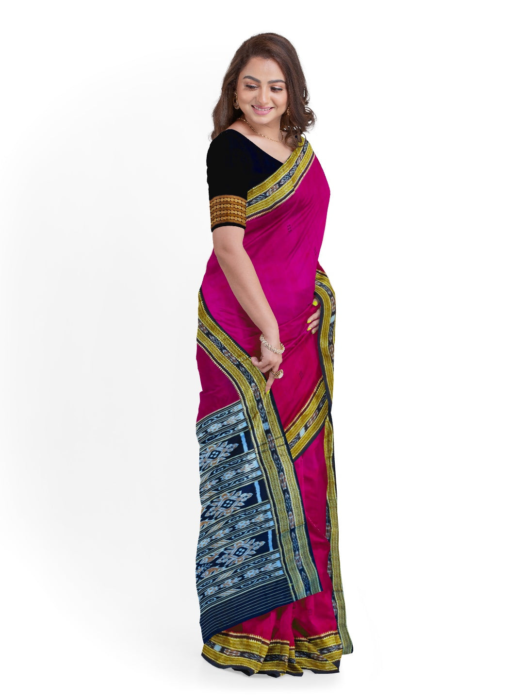 Magenta with Black Odisha Khandua Silk Saree with Black Mulberry silk blouse piece