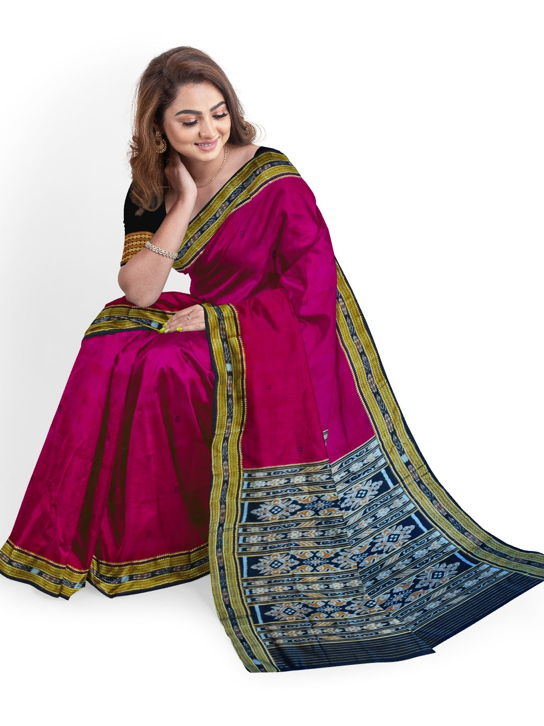 Magenta with Black Odisha Khandua Silk Saree with Black Mulberry silk blouse piece
