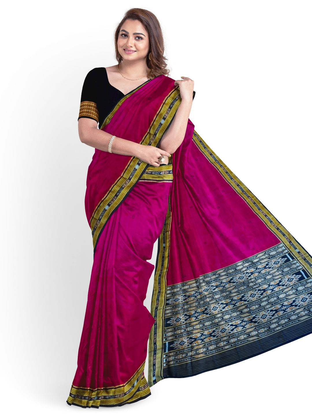 Magenta with Black Odisha Khandua Silk Saree with Black Mulberry silk blouse piece