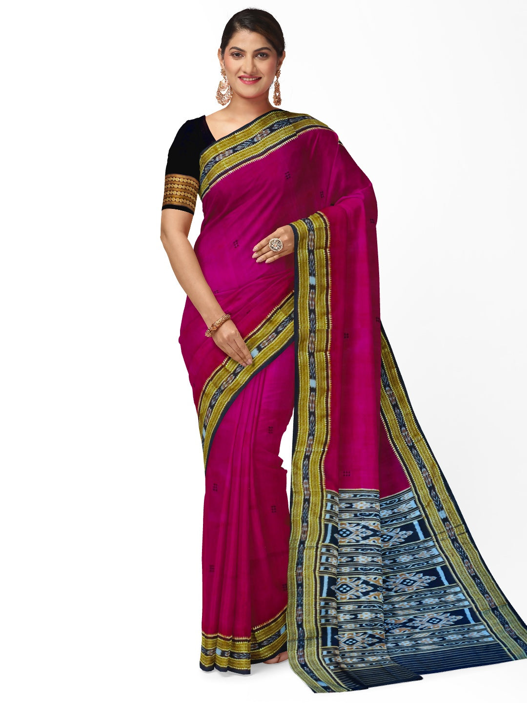 Magenta with Black Odisha Khandua Silk Saree with Black Mulberry silk blouse piece