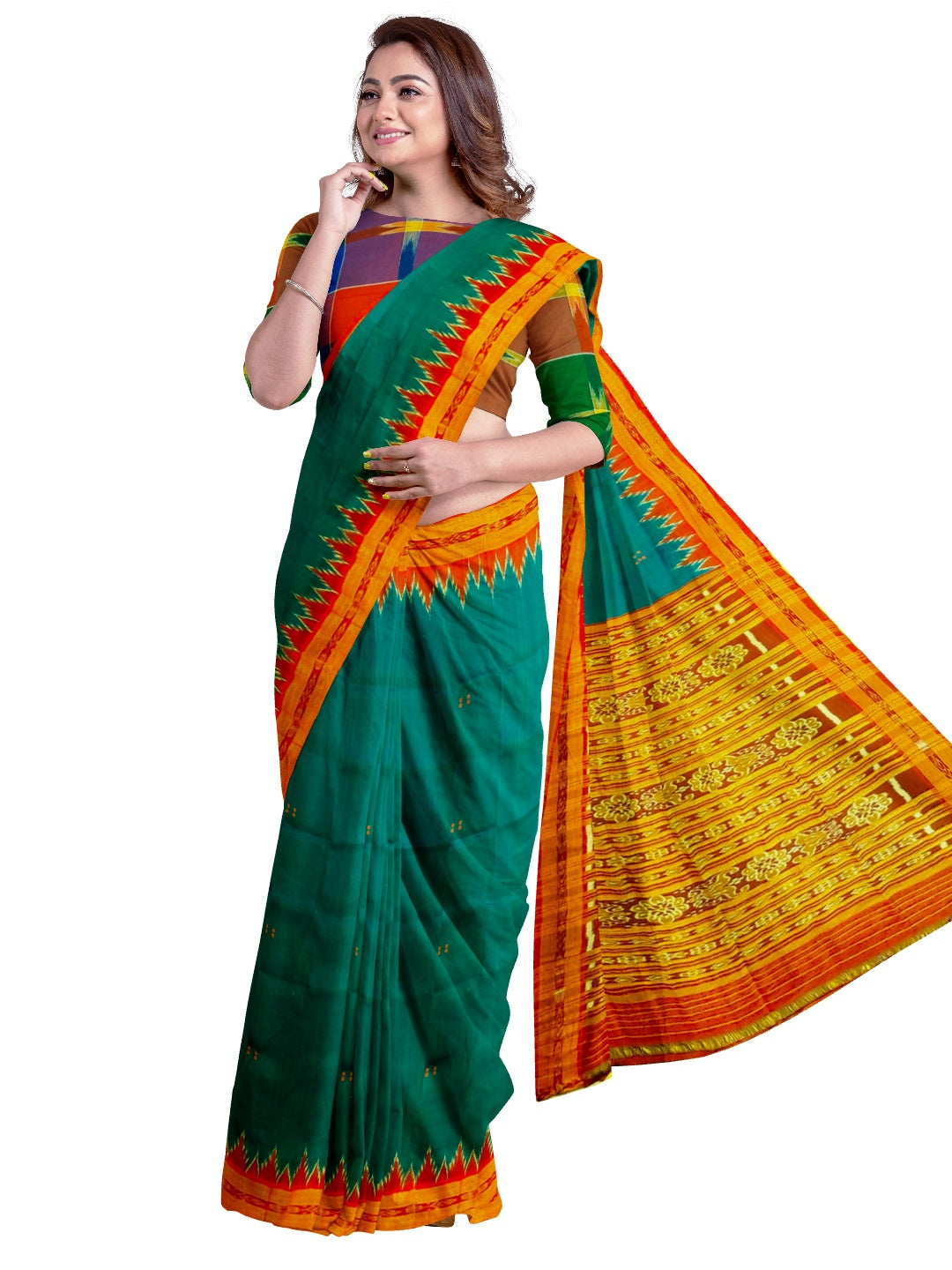 Green and Red Odisha Khandua Silk Saree with cotton ikat blouse piece
