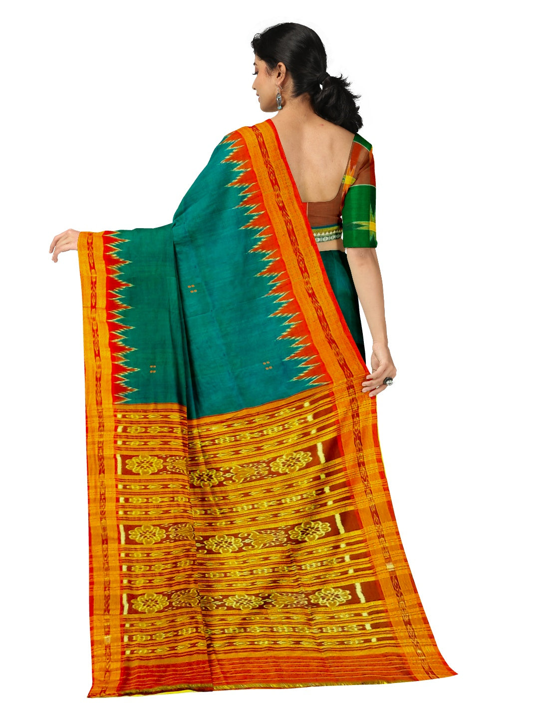 Green and Red Odisha Khandua Silk Saree with cotton ikat blouse piece