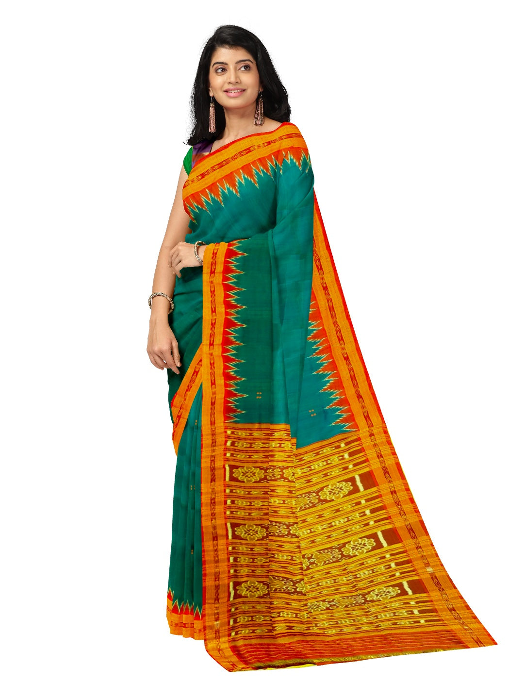 Green and Red Odisha Khandua Silk Saree with cotton ikat blouse piece