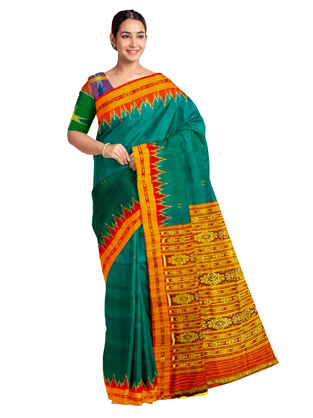 Green and Red Odisha Khandua Silk Saree with cotton ikat blouse piece