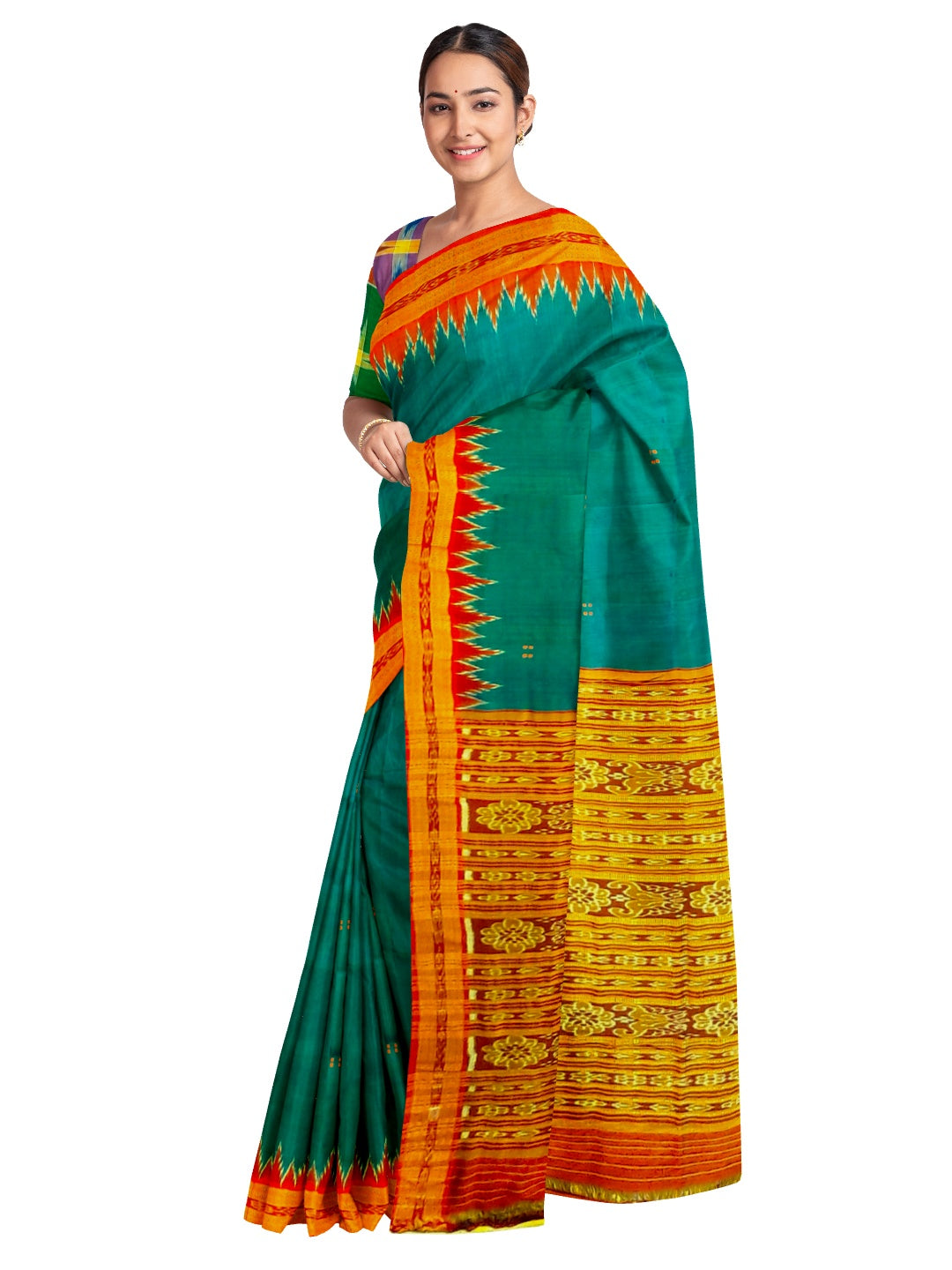 Green and Red Odisha Khandua Silk Saree with cotton ikat blouse piece