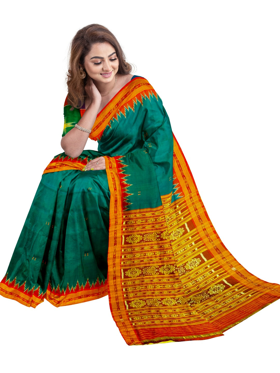 Green and Red Odisha Khandua Silk Saree with cotton ikat blouse piece