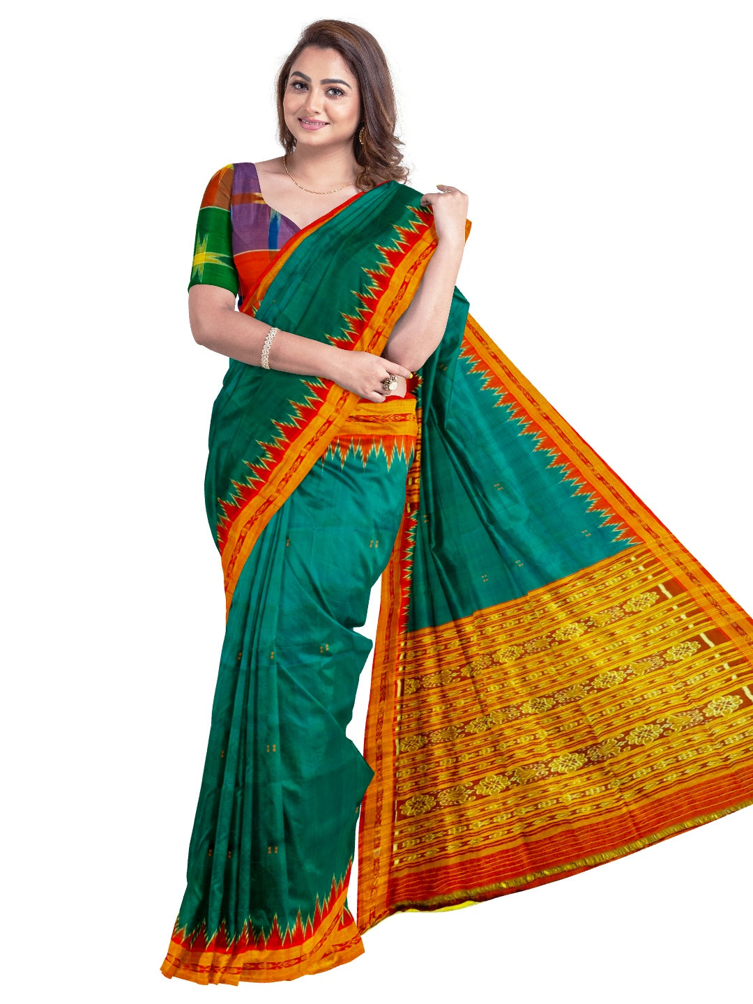 Green and Red Odisha Khandua Silk Saree with cotton ikat blouse piece