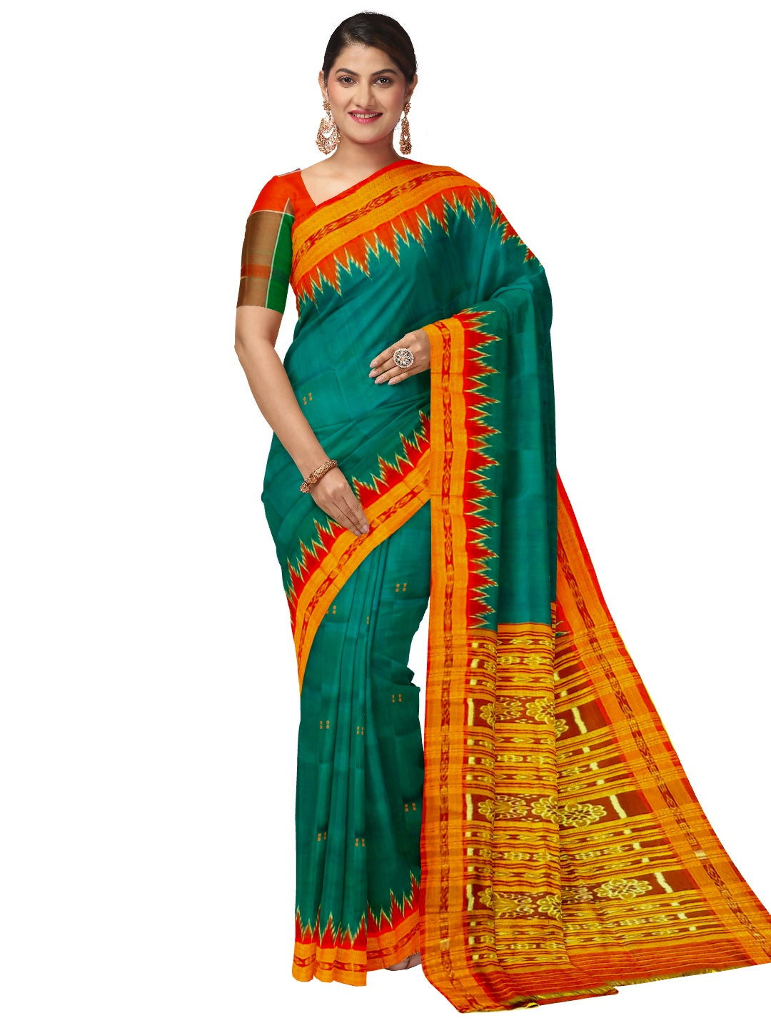 Green and Red Odisha Khandua Silk Saree with cotton ikat blouse piece