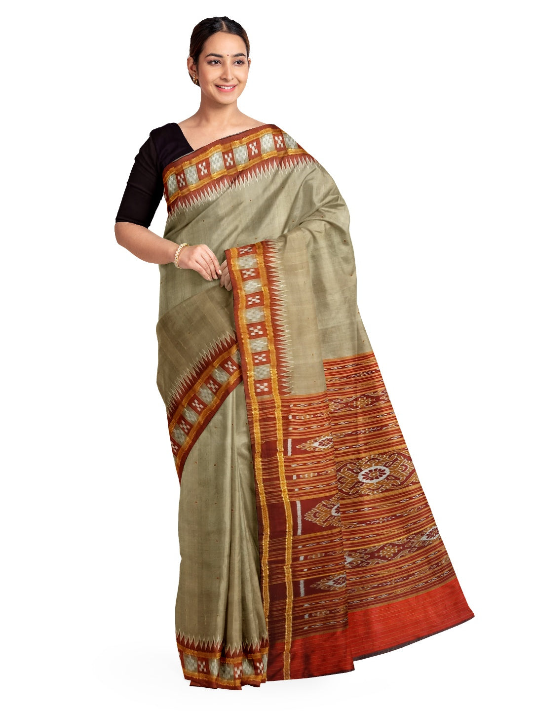 Grey with Maroon Odisha Khandua Pata Silk Saree with pasapalli motifs in border