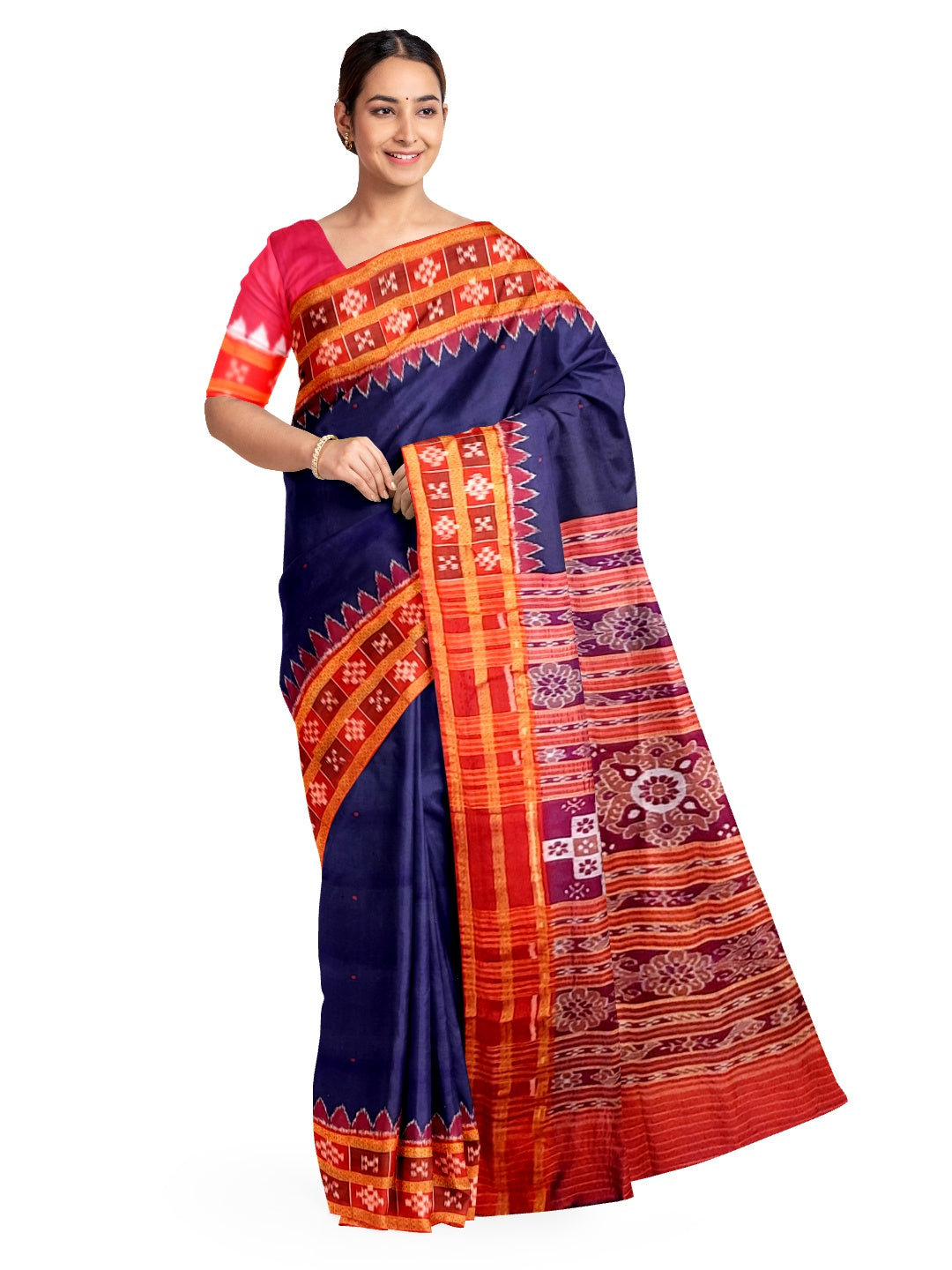 Blue Odisha Khandua Pata Silk double border Saree with running blouse piece