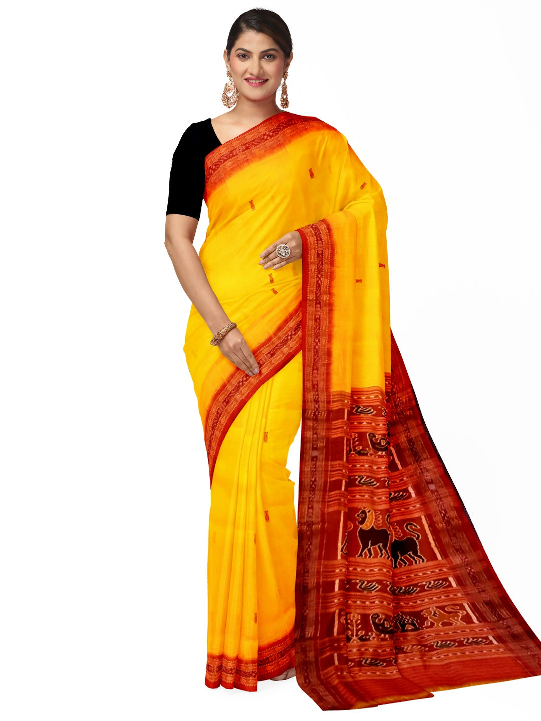 Yellow Red  Khandua Pata Silk Saree with fish motifs