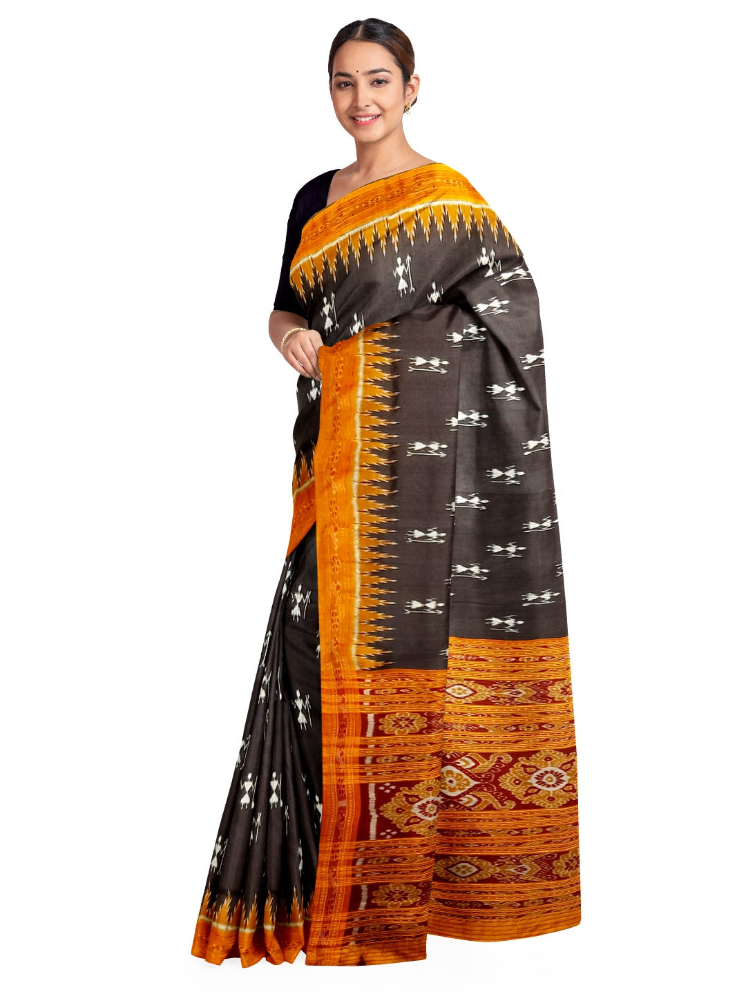 Black and Orange Odisha Khandua Pata Silk Saree
