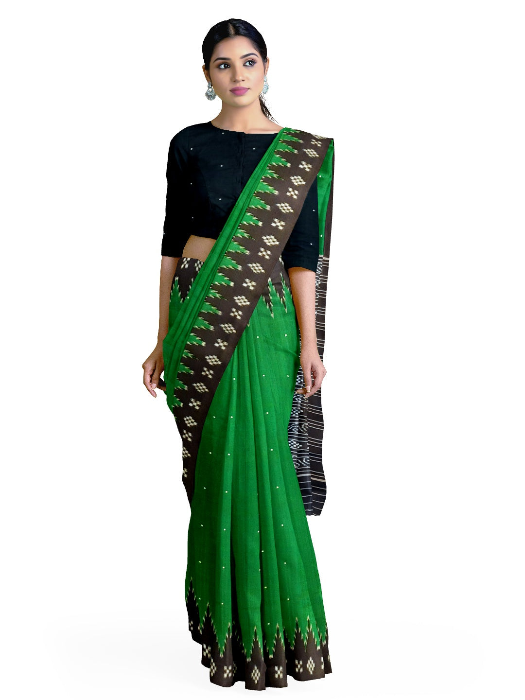 Green Odisha Ikat Mulberry Silk Saree with running blouse piece