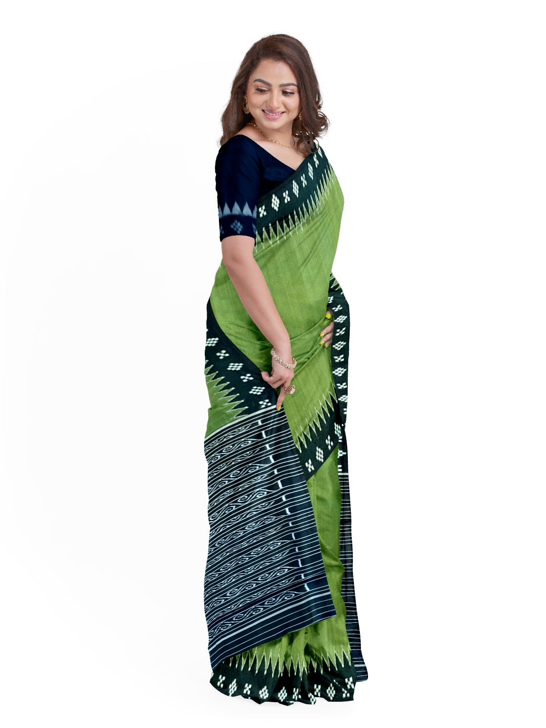 OliveGreen Odisha Ikat Mulberry Silk Saree with running blouse piece