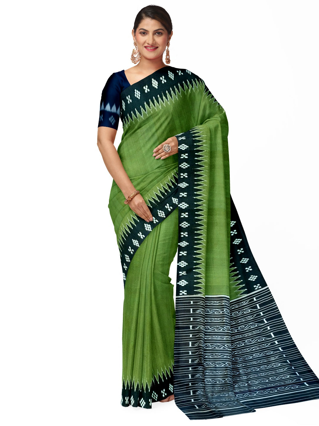 OliveGreen Odisha Ikat Mulberry Silk Saree with running blouse piece