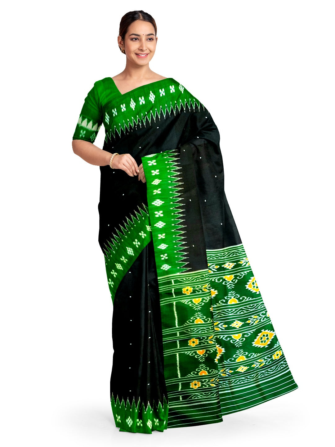 Black Odisha Ikat Mulberry Silk Saree with running blouse piece