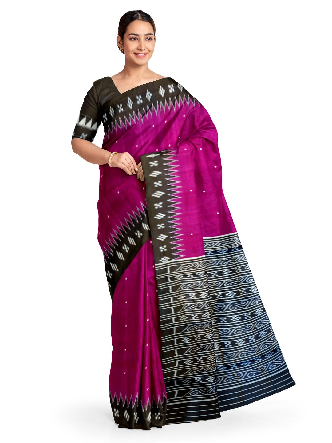 Fuchsia pink Odisha Ikat Mulberry Silk Saree with running blouse piece -  Crafts Collection