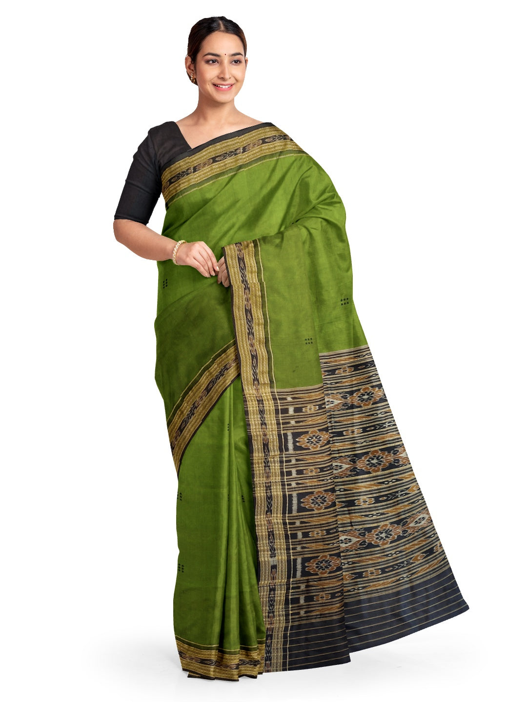 Olive Green with Black Odisha Khandua Silk Pata Saree