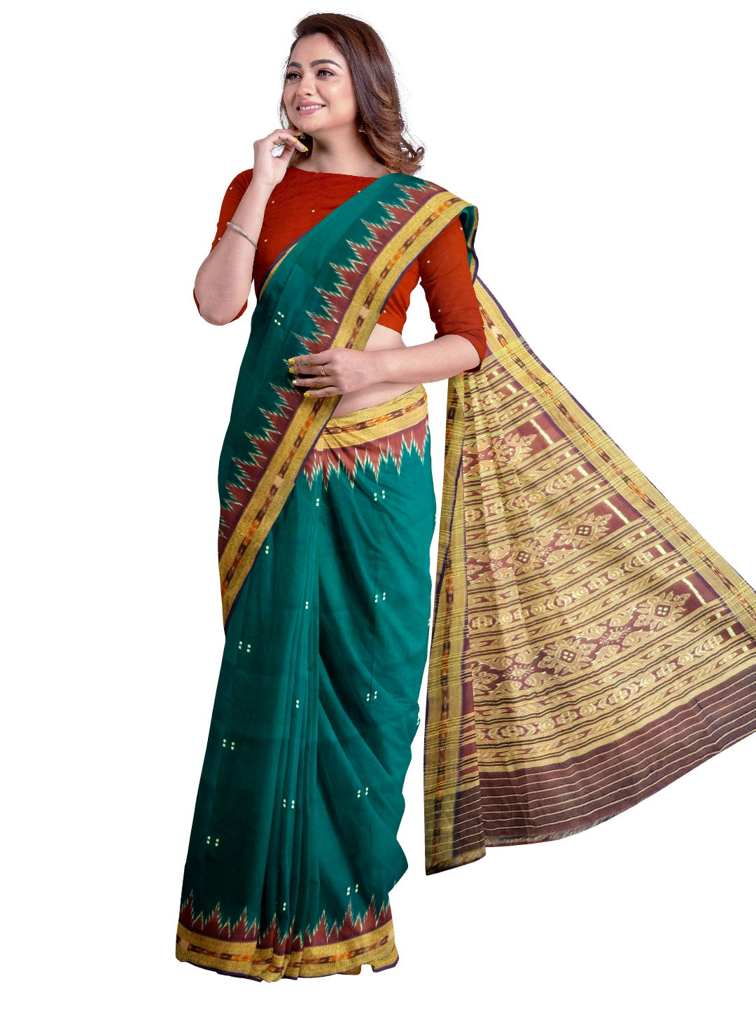 Green with Red Odisha Khandua Pata Silk Saree with Silk buti blouse piece