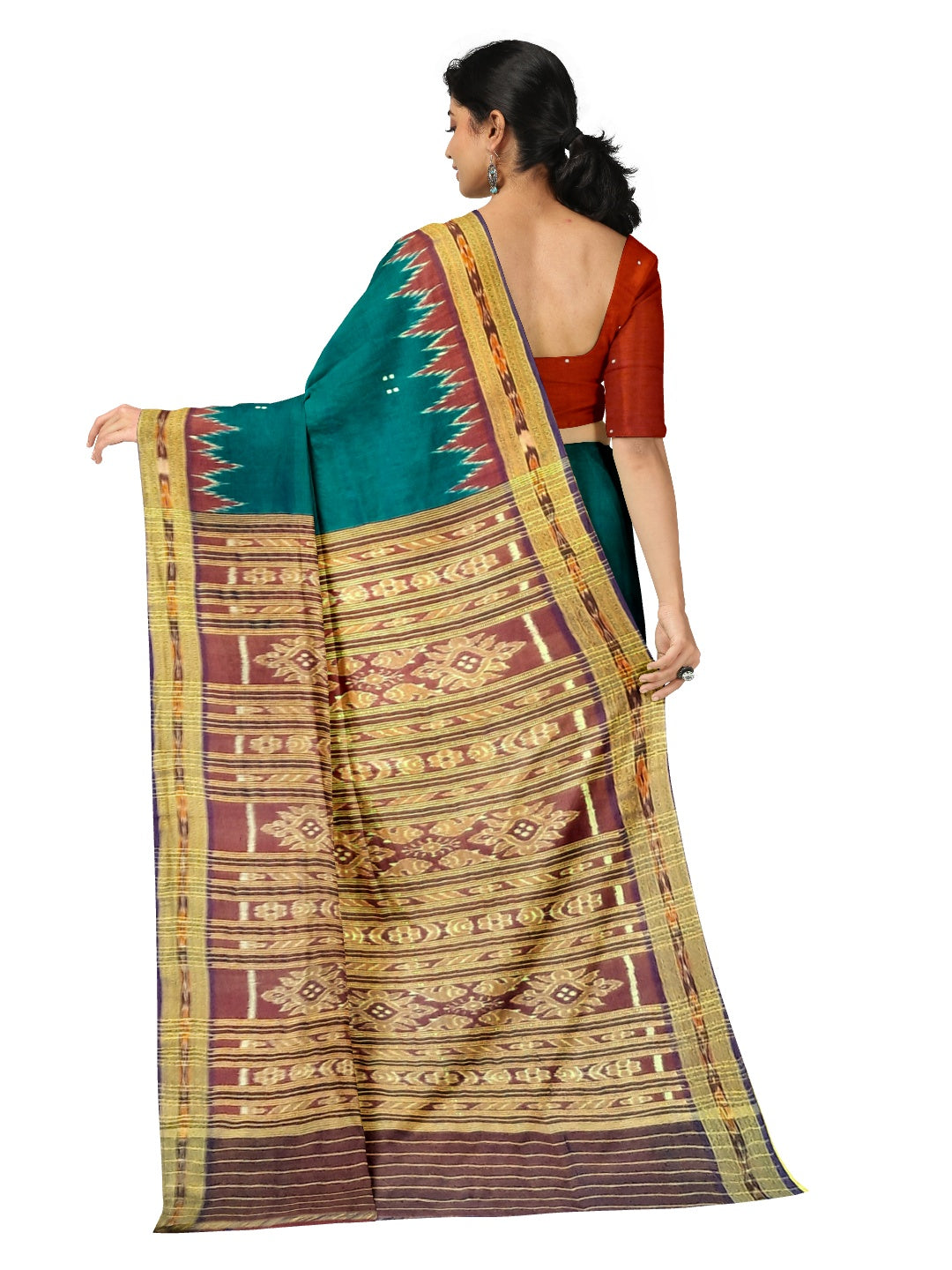 Green with Red Odisha Khandua Pata Silk Saree with Silk buti blouse piece