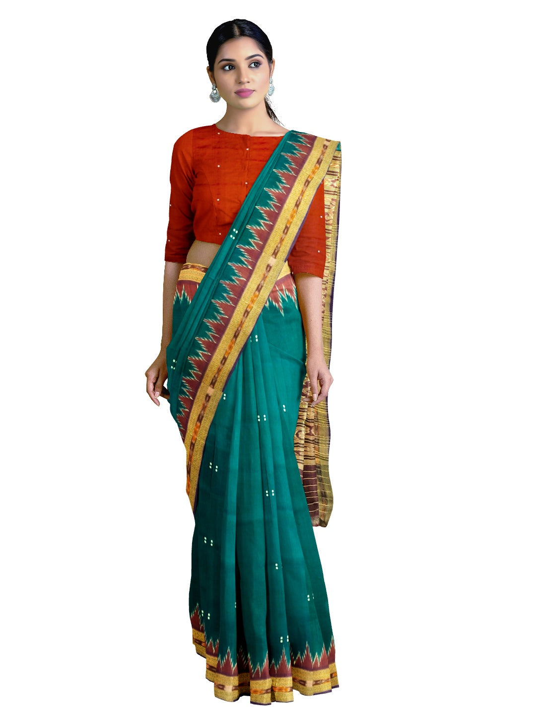 Green with Red Odisha Khandua Pata Silk Saree with Silk buti blouse piece
