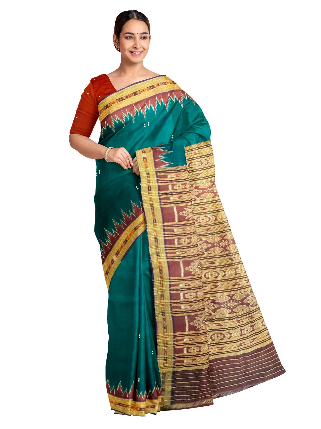 Green with Red Odisha Khandua Pata Silk Saree with Silk buti blouse piece