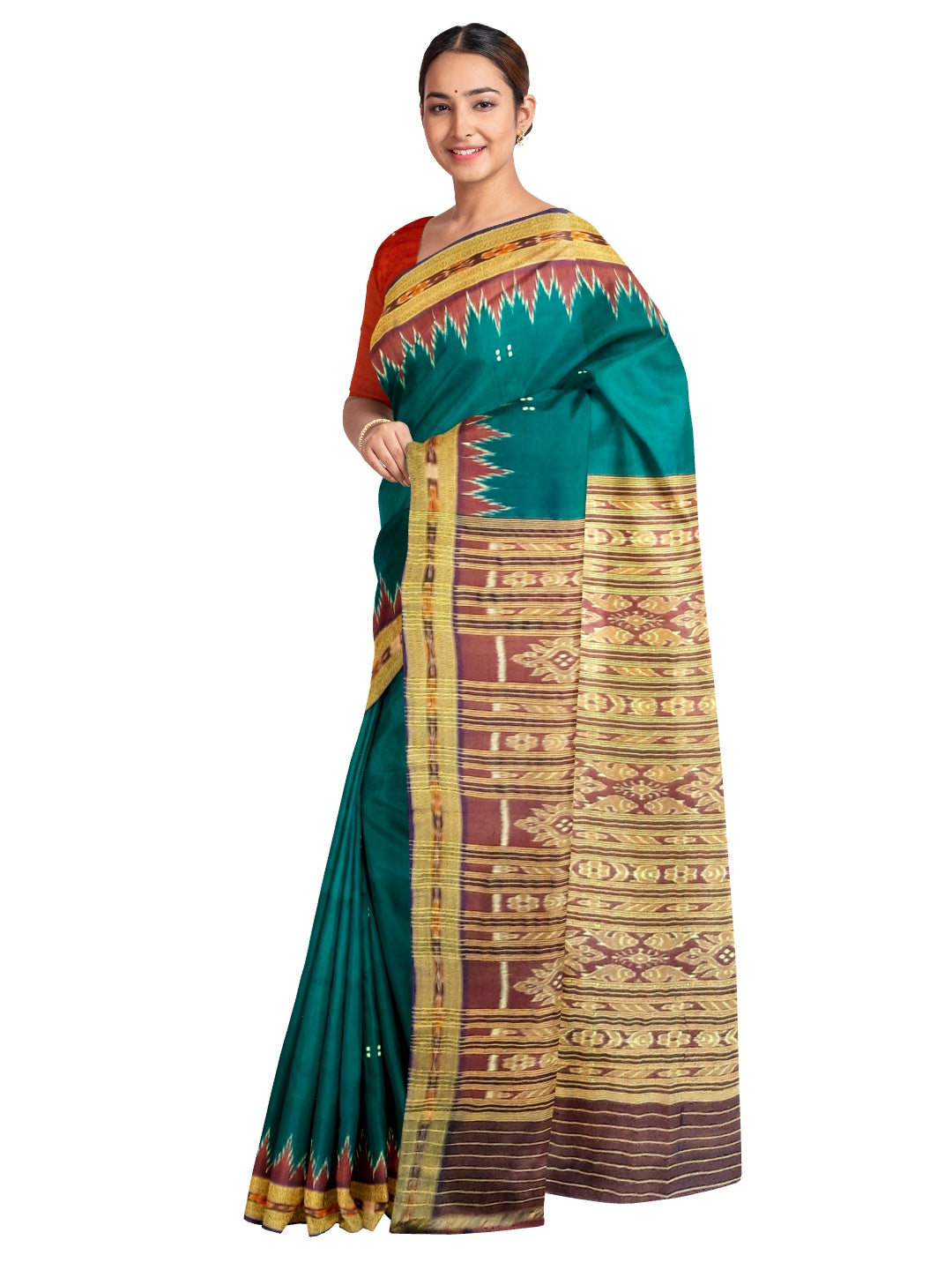 Green with Red Odisha Khandua Pata Silk Saree with Silk buti blouse piece
