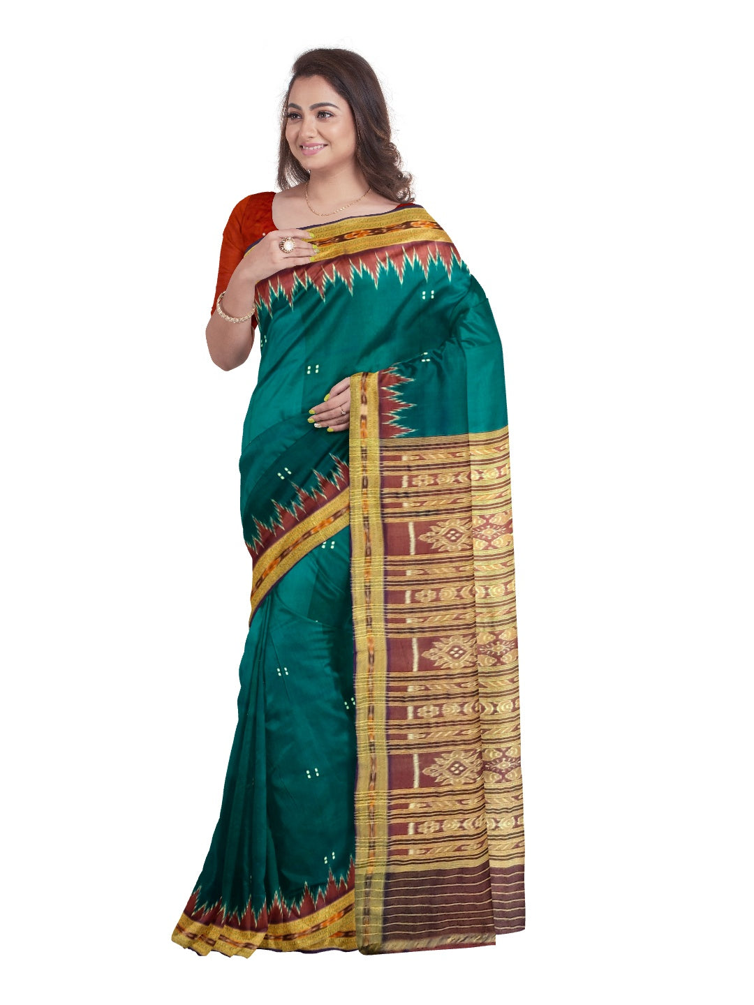 Green with Red Odisha Khandua Pata Silk Saree with Silk buti blouse piece