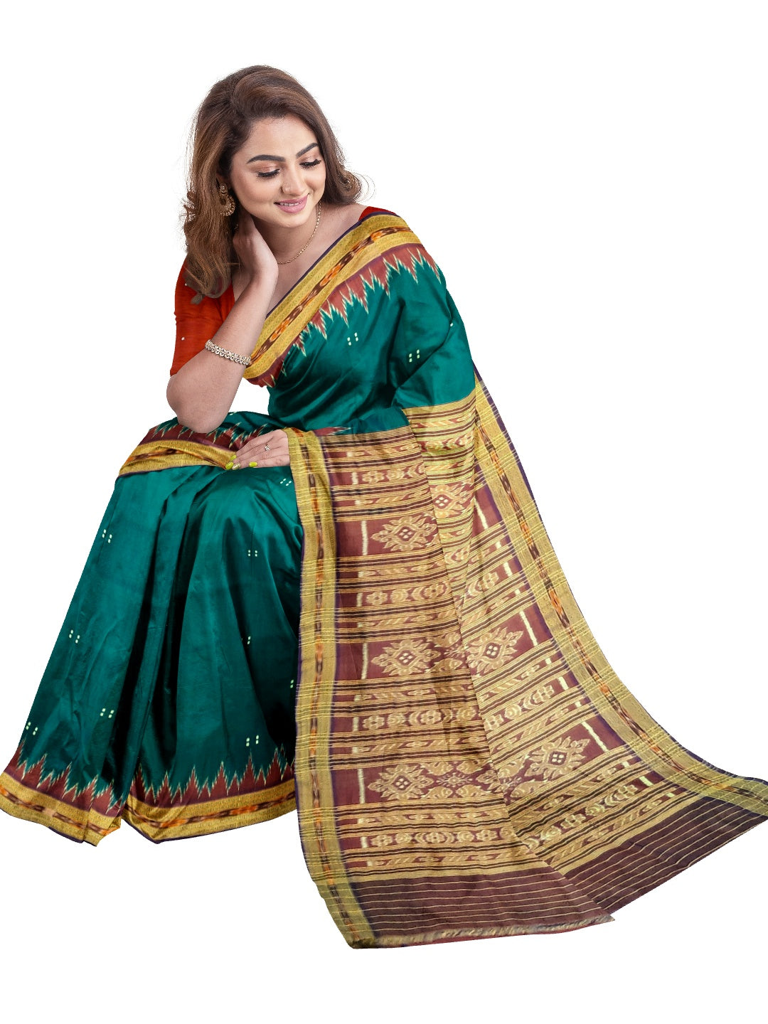 Green with Red Odisha Khandua Pata Silk Saree with Silk buti blouse piece