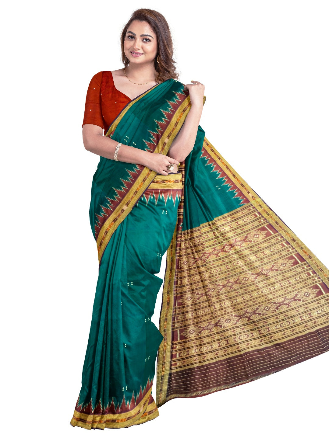 Green with Red Odisha Khandua Pata Silk Saree with Silk buti blouse piece