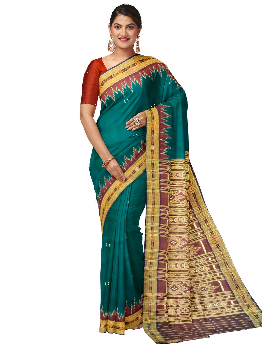 Green with Red Odisha Khandua Pata Silk Saree with Silk buti blouse piece